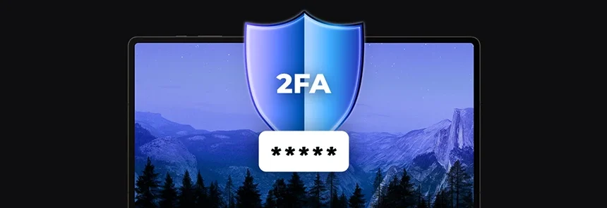 banner with laptop and shield icon with the word 2FA, tile with password stars