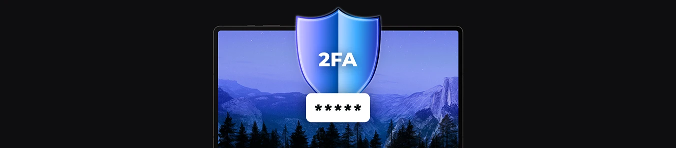 banner with laptop and shield icon with the word 2FA, tile with password stars