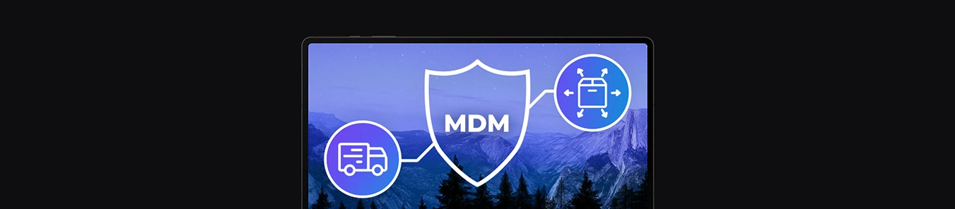 banner with laptop and graphics, Proget mobility management for logistics and transportation