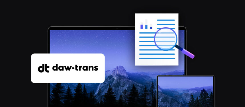 banner with Daw-Trans logo, two mobile devices laptop and tablet, document icon with magnifying glass