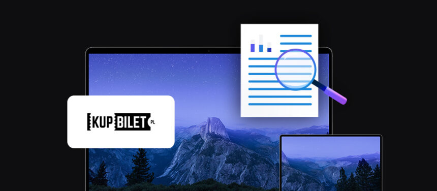 banner with KupBilet.pl logo, two mobile devices laptop and tablet, document icon with magnifying glass