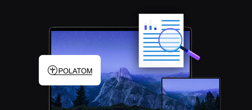 banner with POLATOM logo, two mobile devices laptop and tablet, document icon with magnifying glass