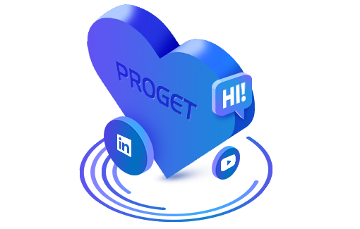 heart icon with "Proget" text, tiles with social media icons
