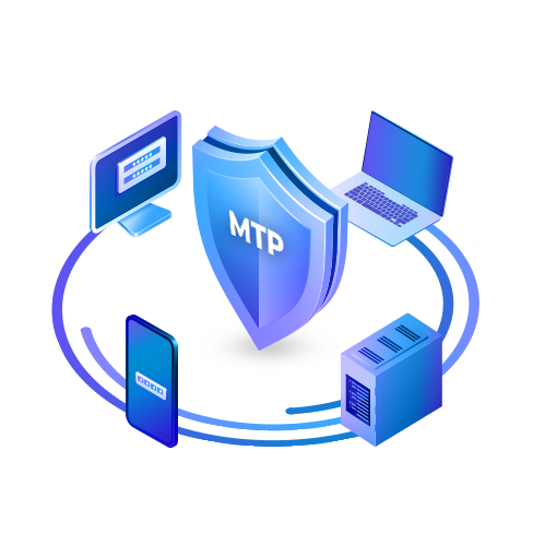 shield icon with the word MTP, around mobile devices, desktop, laptop, phone