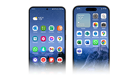 two smartphone mobile devices, front view of home screens with application icons