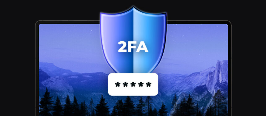 banner with laptop and shield icon with the word 2FA, tile with password stars