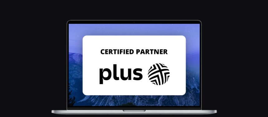 banner with a laptop screen, on it the logo of the company Plus and the words 'certified partner'
