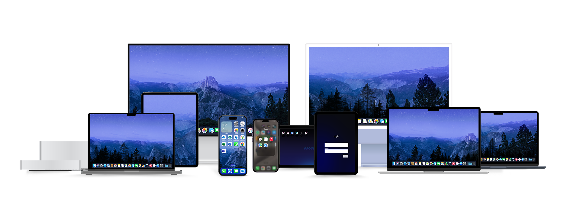 different types of Apple devices, home screen views with application icons