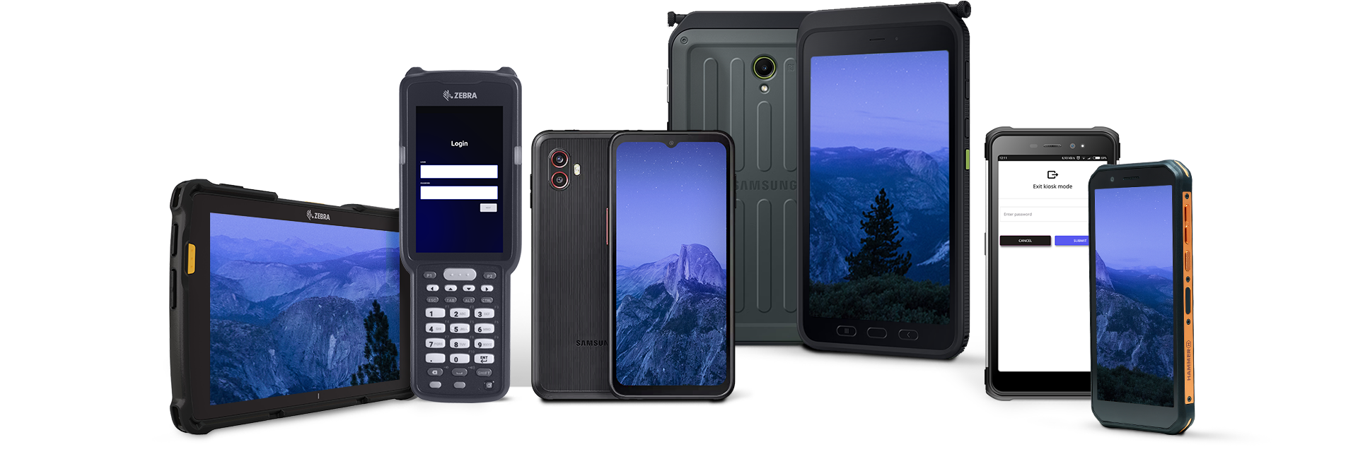 various rugged devices, including ZEBRA tablet and scanner, Samsung tablet and smartphones, Hammer phones