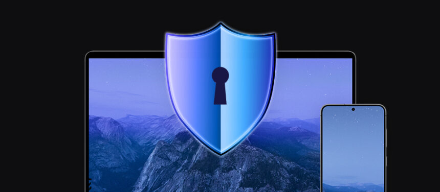 banner with laptop and shield icon with keyhole, next to phone