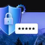 banner with laptop and padlocked shield icon, cogs, tile with password stars