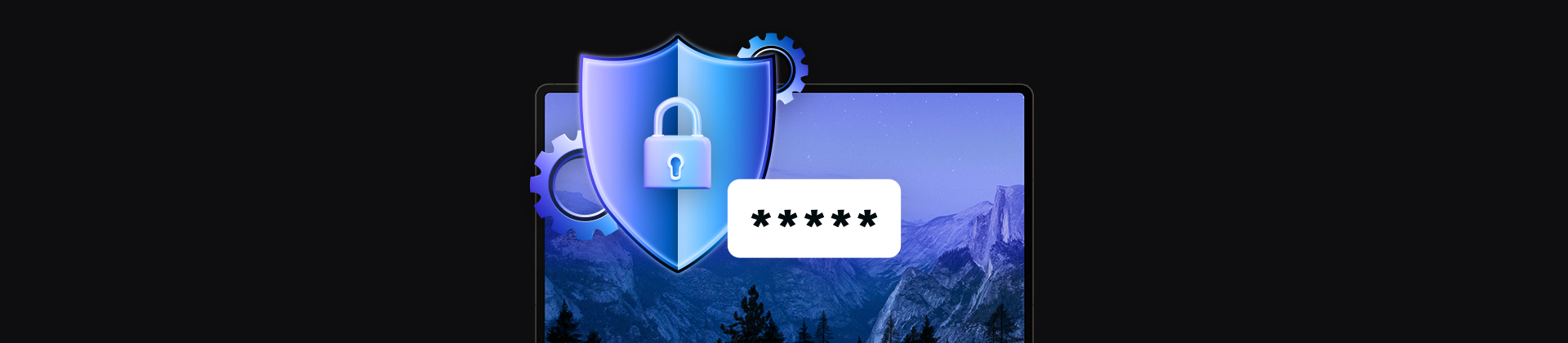 banner with laptop and padlocked shield icon, cogs, tile with password stars