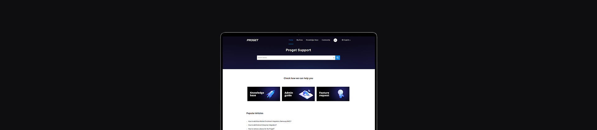 banner with laptop, home screen of Proget Technical Support Portal