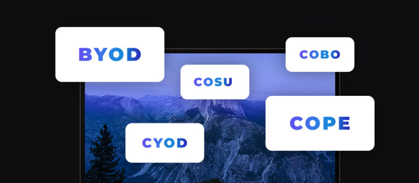 banner with laptop screen and tiles, BYOD CYOD COSU COBO COPE mobility management policies