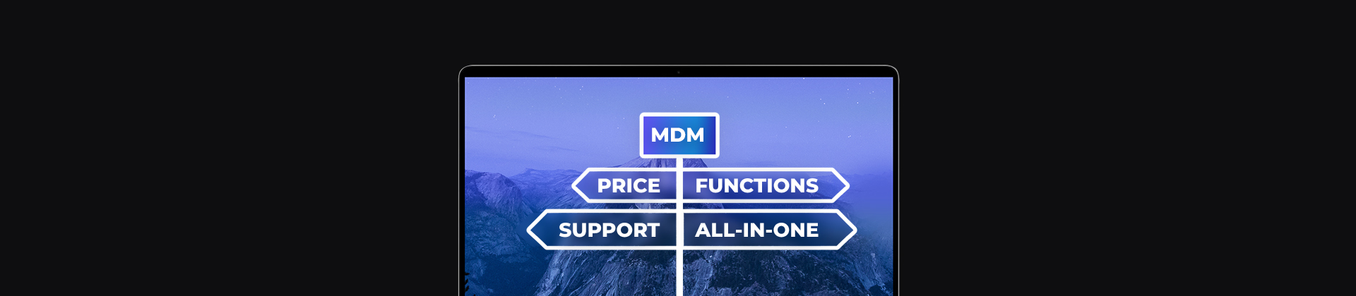banner with laptop and graphics, Proget MDM signpost, price, features, support, All-in-One
