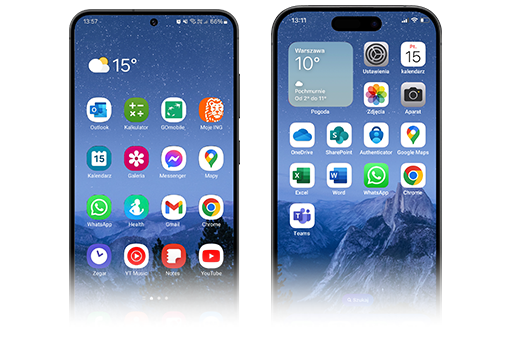 two phones side by side, view of screens with application icons