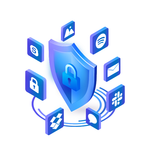 shield icon with padlock, tiles with application symbols around it