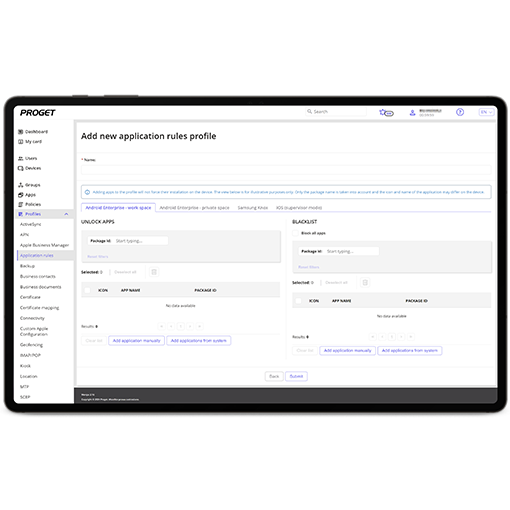 application control, application rule profile in Proget console