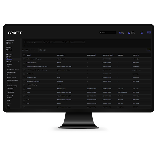 screen with view of Proget console, policy tab