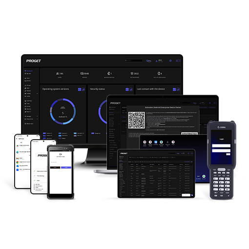 various mobile devices with the Proget console: desktop computer, laptop, tablet, smartphones, rugged devices