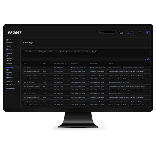 Proget console on the monitor screen, 'Audit logs' tab