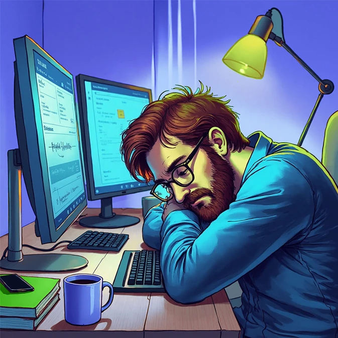 tired cartoon admin sits at his desk with his head resting on the keyboard, glowing monitors, coffee, and notebooks on the desk