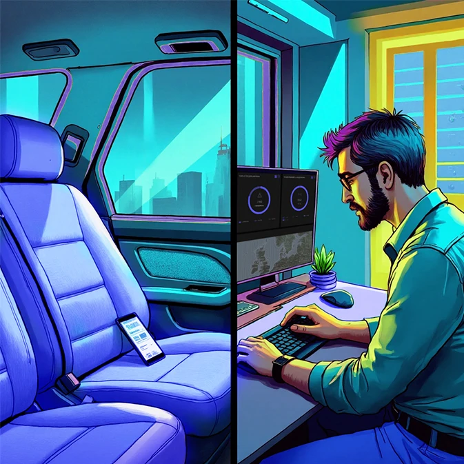 A cartoon image divided into two parts: on the left, the interior of a taxi with a smartphone on the back seat; on the right, an administrator tracking the location of the device in the MDM console