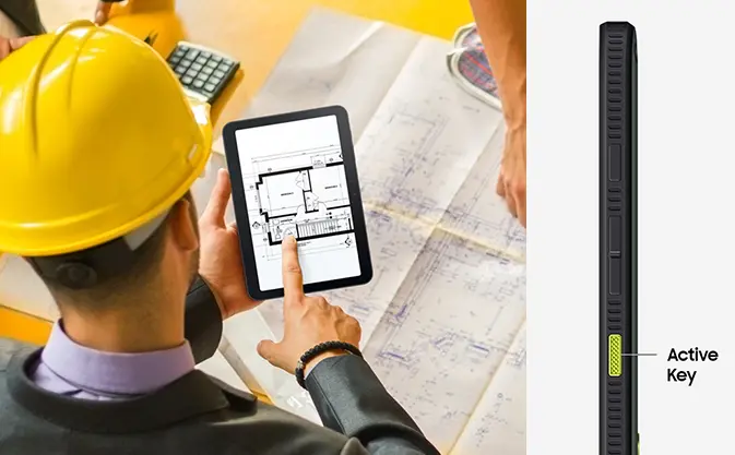 construction worker with Samsung Galaxy Tab Active5 Pro tablet