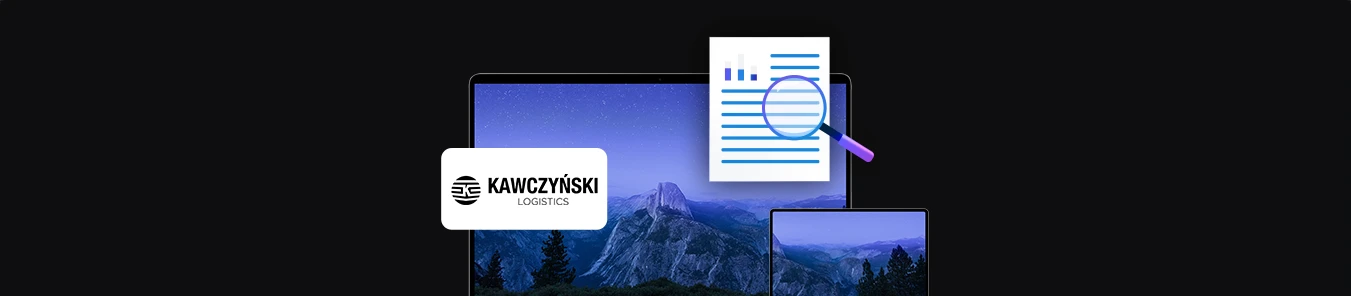 banner with Kawczyński Logistics logo, two mobile devices laptop and tablet, document icon with magnifying glass