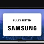 a banner with a laptop screen, on it the Samsung brand logo and the words 'fully tested'