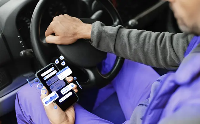 driver driving a vehicle with a phone in their hand, application interface