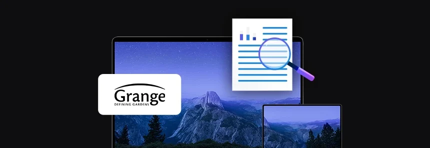 banner with Grange Fencing Limited logo, two mobile devices laptop and tablet, document icon with magnifying glass