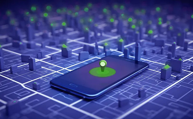 geofencing technology, phone on a city map mockup