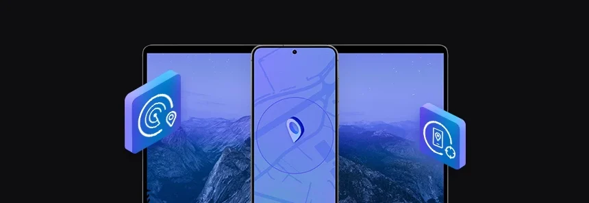 laptop, in front of it a phone with an app showing the designated zone, location icon, and geofencing