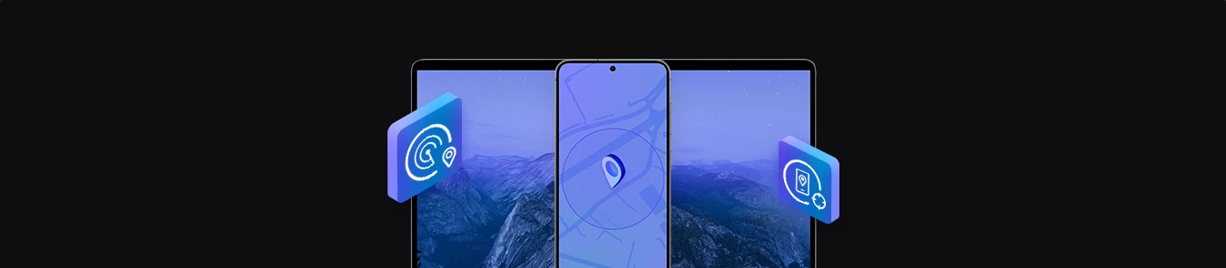 laptop, in front of it a phone with an app showing the designated zone, location icon, and geofencing