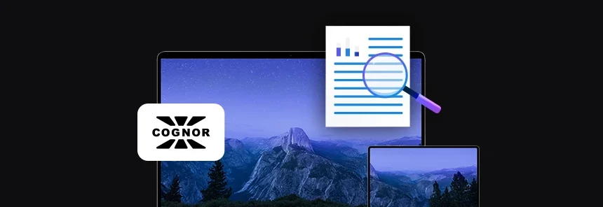 banner with Cognor S.A. logo, two mobile devices laptop and tablet, document icon with magnifying glass