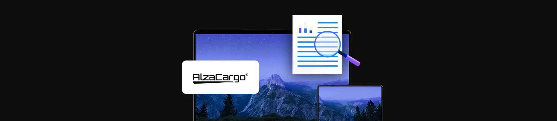 banner with Alza Cargo logo, two mobile devices laptop and tablet, document icon with magnifying glass