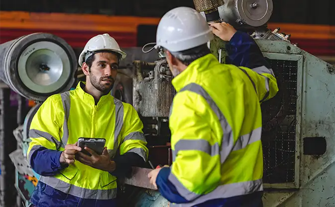 industrial workers in overalls