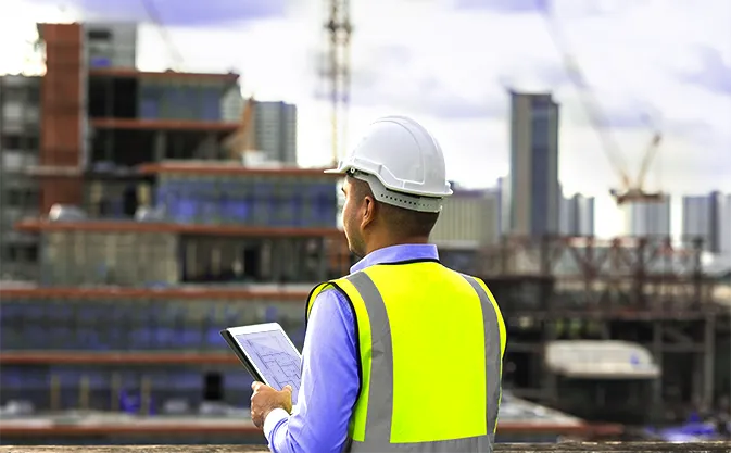 construction worker checks the blueprints on a tablet
