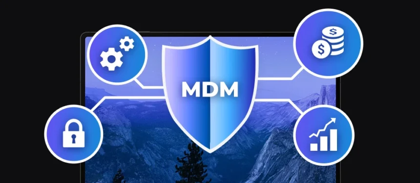 ROI from MDM: shield icon with text, costs, productivity gains, system gears
