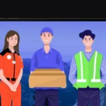 banner featuring employees: driver, paramedic, courier, construction worker, service technician