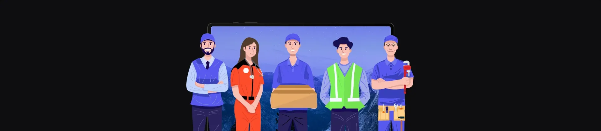 banner featuring employees: driver, paramedic, courier, construction worker, service technician