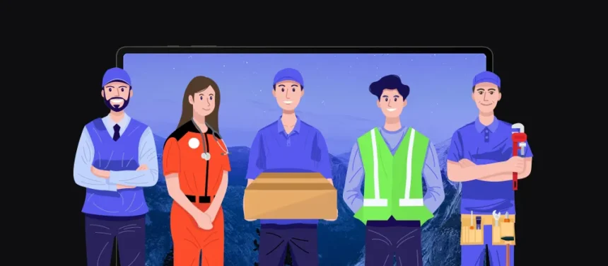 banner featuring employees: driver, paramedic, courier, construction worker, service technician