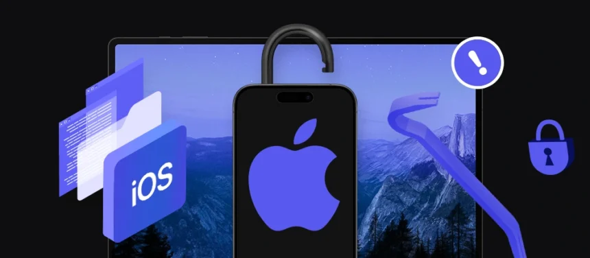banner with a laptop, iPhone with an open padlock, iOS icon, crowbar