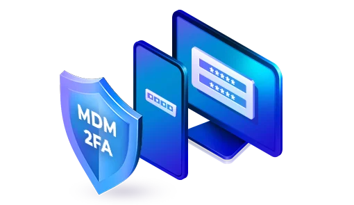MDM security costs, password-protected computer and phone screens, a shield with “MDM 2FA” written on it