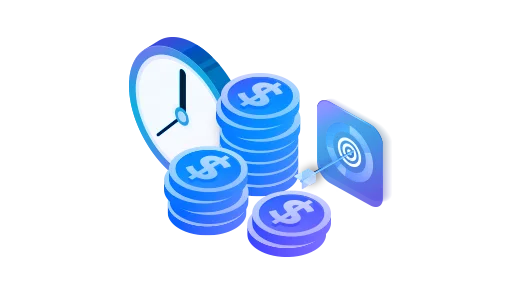 time and cost optimization with MDM, clock, coin story, goal icon, globe icon