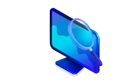 monitor icon with a graph, magnifying glass